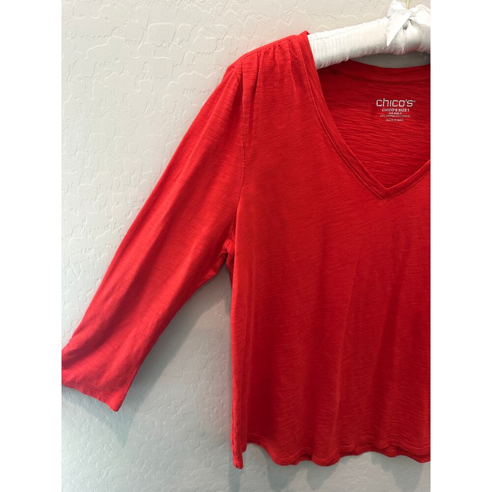 CHICO’S | Orange V-Neck Knit Top 3/4 Sleeve Cotton Modal | Size 1 Medium - Picture 3 of 6
